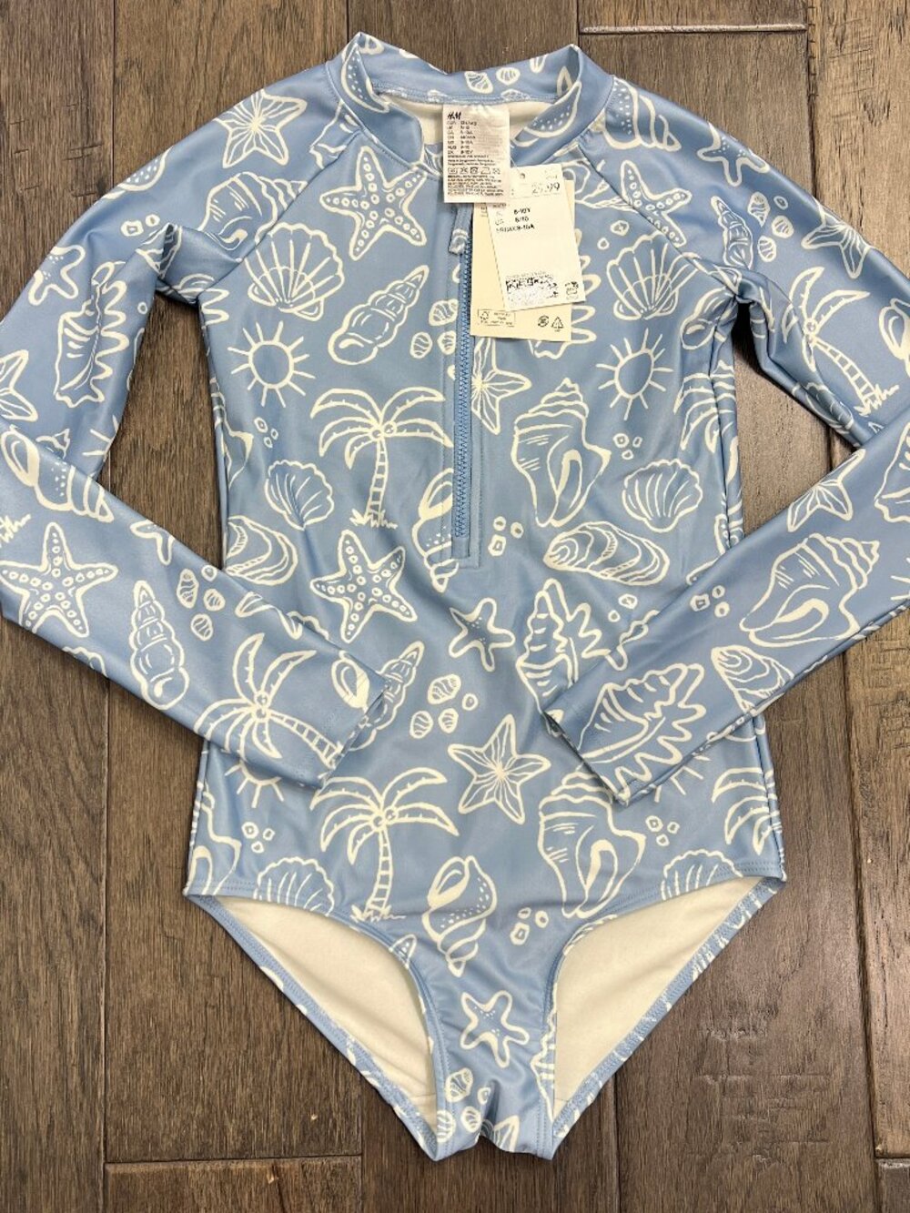 NWT H&M Girls Long Sleeve Swimsuit Blue Seashell Print 8-10Y